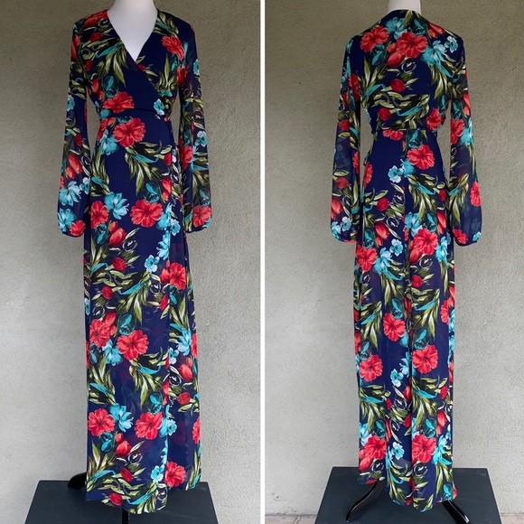 “The Room” Navy Floral Chiffon Maxi Wrap Dress Sm - Picture 2 of 8